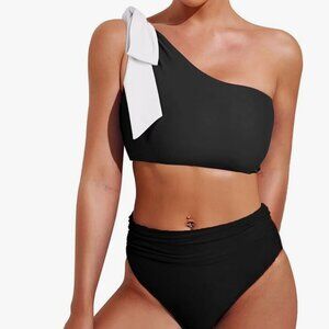 NWT Black High Waisted Bikini One Shoulder Swimsuit 2-Piece Bathing Suit - SizeS
